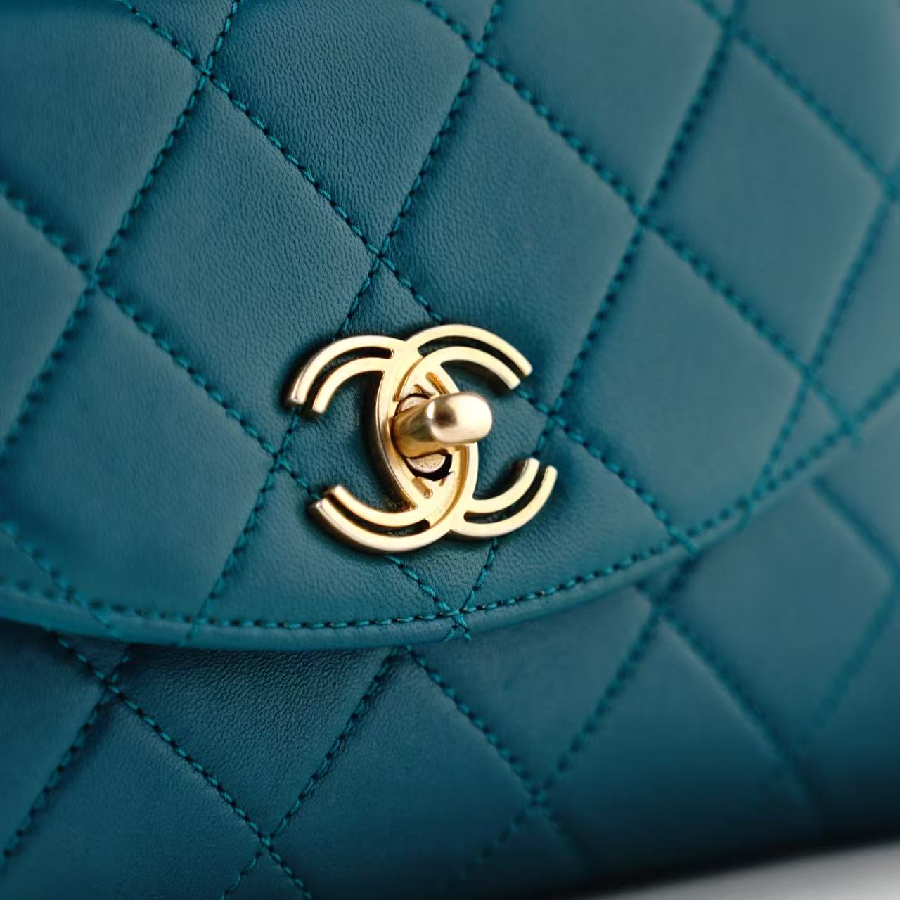 CHANEL Mini Flap Bag with Top Handle, Teal Lambskin Leather, Gold-Tone Hardware