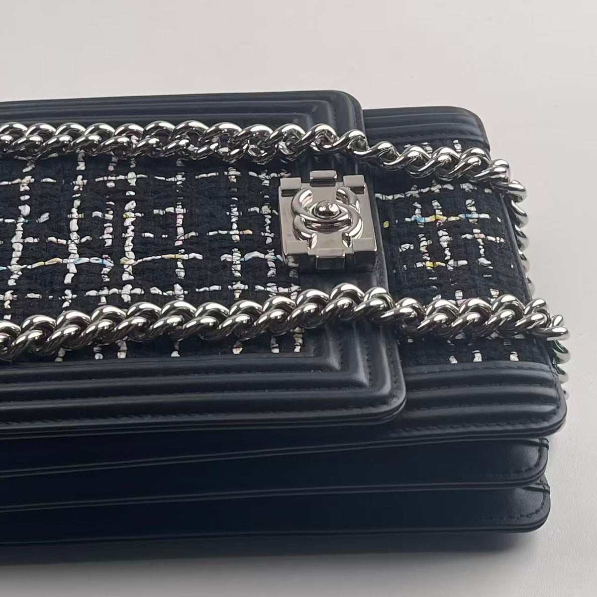 # Chanel Boy Vertical Flap Crossbody Bag, Tweed & Calfskin, Silver‑Tone Hardware