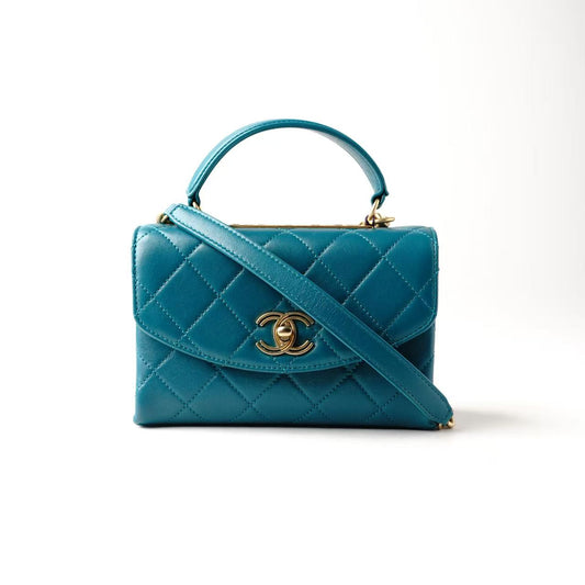 CHANEL Mini Flap Bag with Top Handle, Teal Lambskin Leather, Gold-Tone Hardware