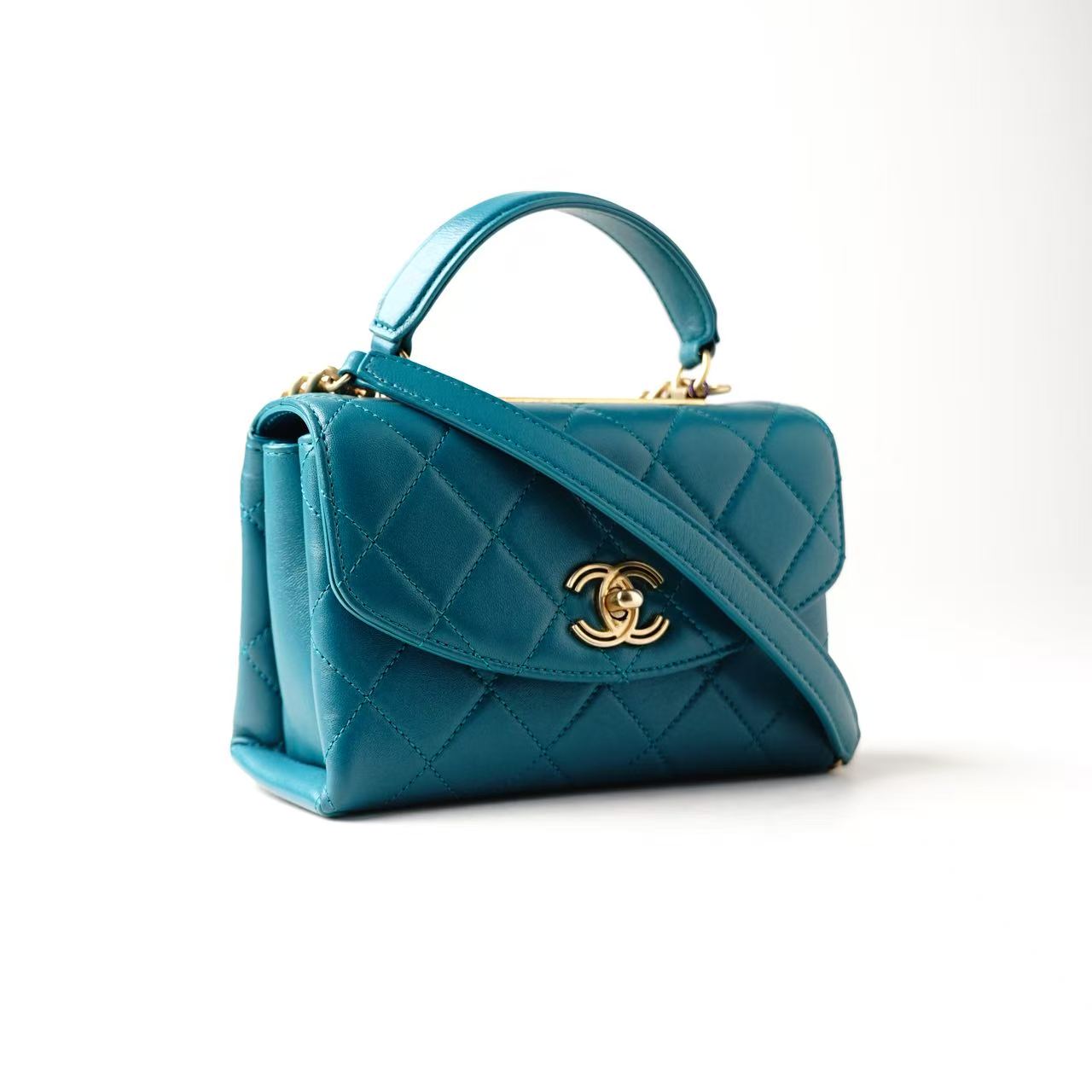 CHANEL Mini Flap Bag with Top Handle, Teal Lambskin Leather, Gold-Tone Hardware