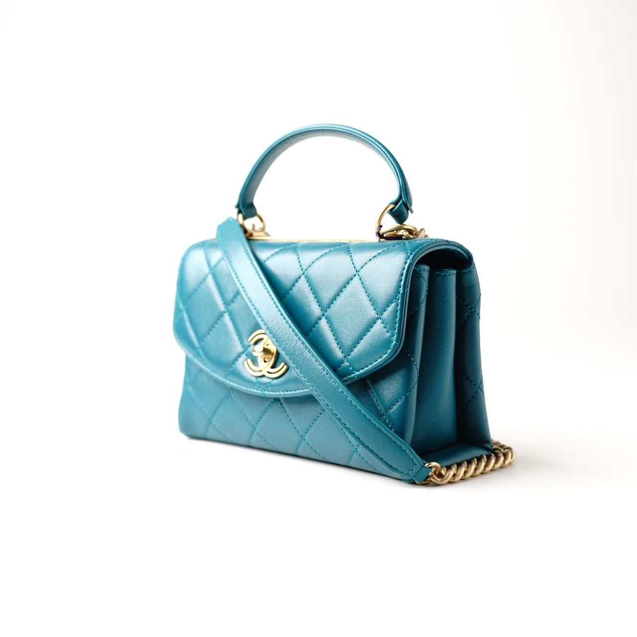CHANEL Mini Flap Bag with Top Handle, Teal Lambskin Leather, Gold-Tone Hardware