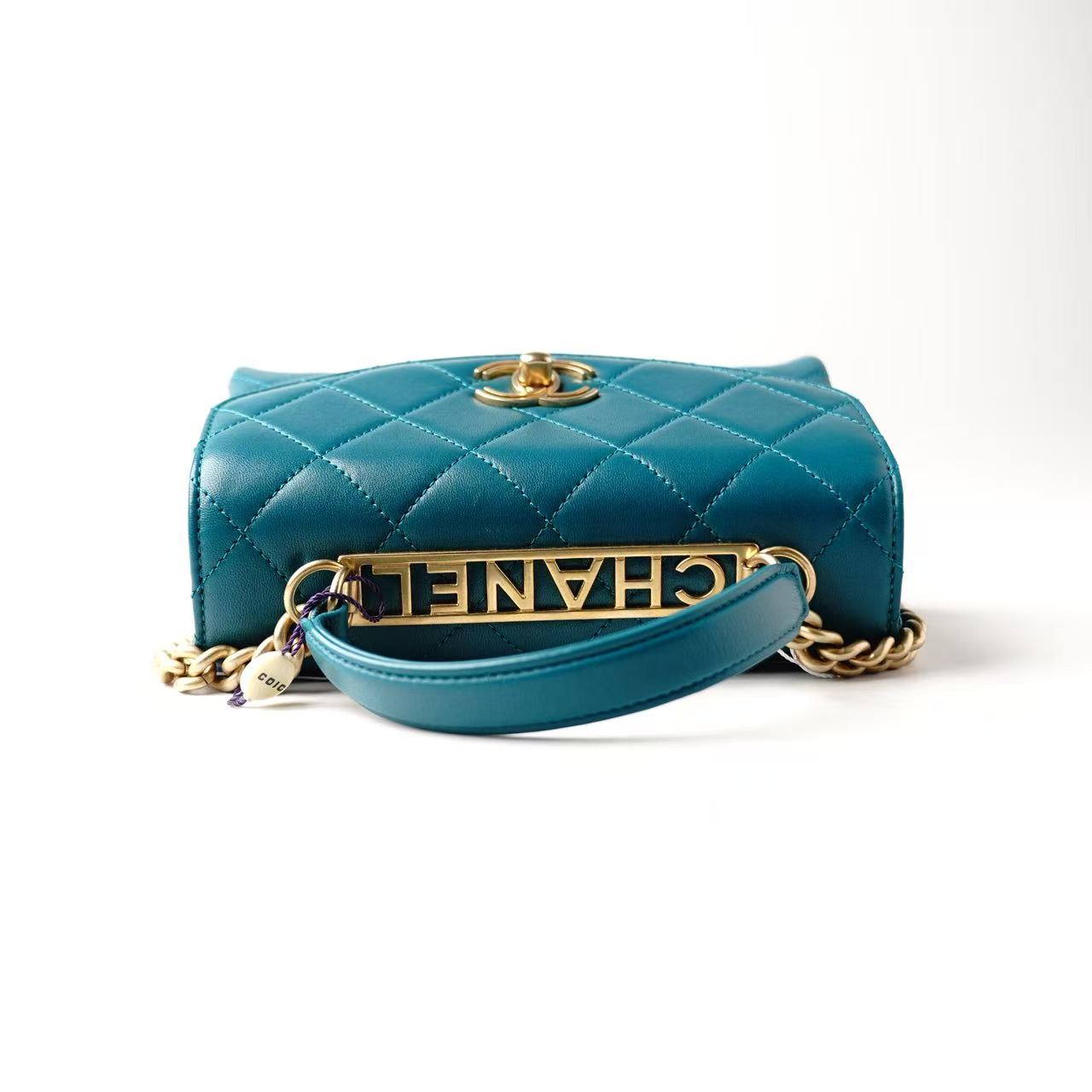 CHANEL Mini Flap Bag with Top Handle, Teal Lambskin Leather, Gold-Tone Hardware