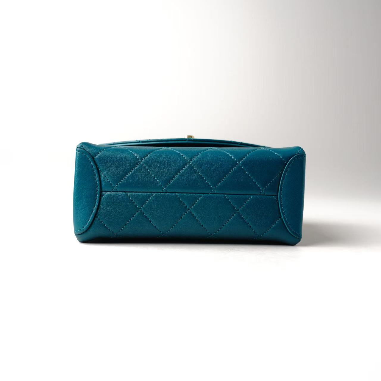 CHANEL Mini Flap Bag with Top Handle, Teal Lambskin Leather, Gold-Tone Hardware