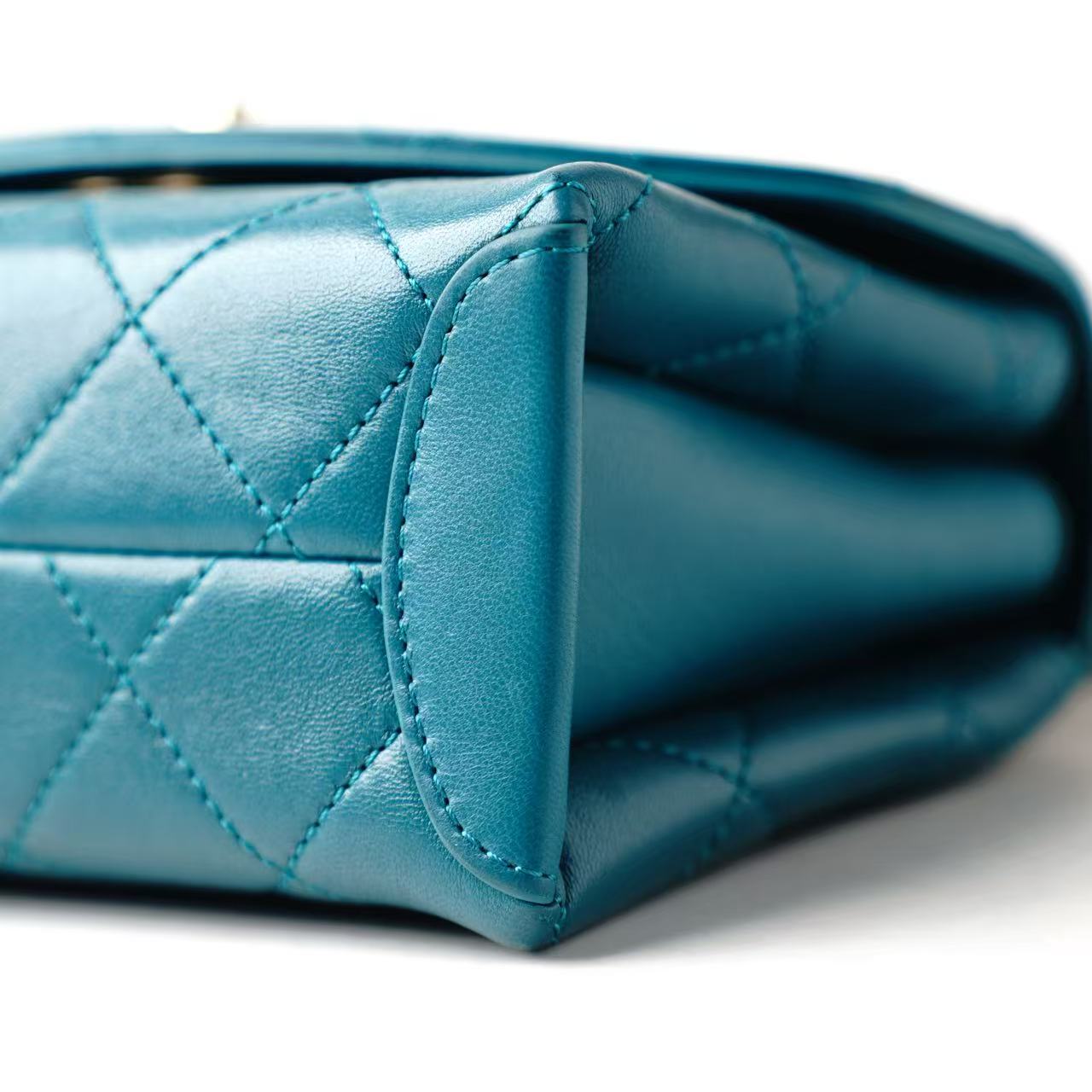 CHANEL Mini Flap Bag with Top Handle, Teal Lambskin Leather, Gold-Tone Hardware