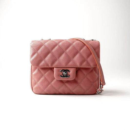 CHANEL Mini Classic Flap Bag, Pink Caviar Leather, Silver-Tone Hardware