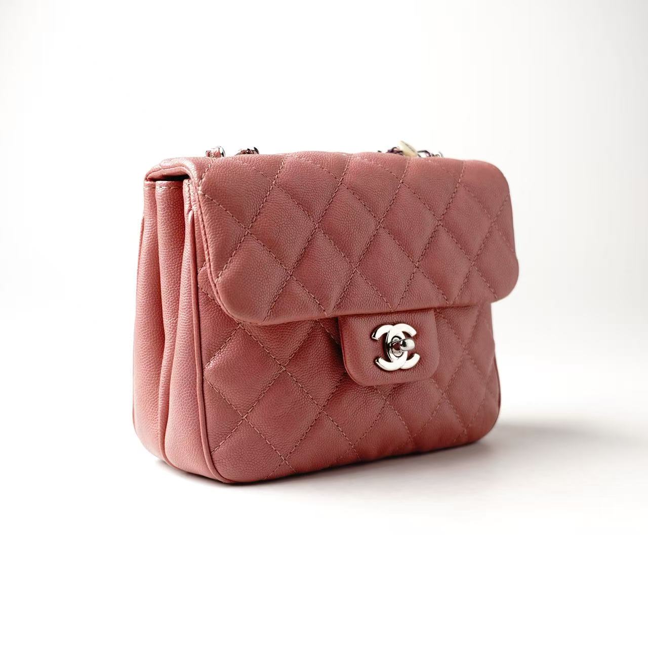 CHANEL Mini Classic Flap Bag, Pink Caviar Leather, Silver-Tone Hardware