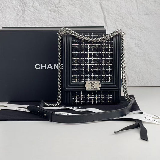 # Chanel Boy Vertical Flap Crossbody Bag, Tweed & Calfskin, Silver‑Tone Hardware