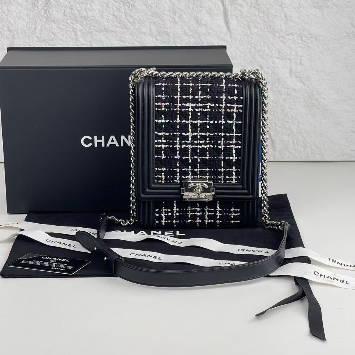 # Chanel Boy Vertical Flap Crossbody Bag, Tweed & Calfskin, Silver‑Tone Hardware