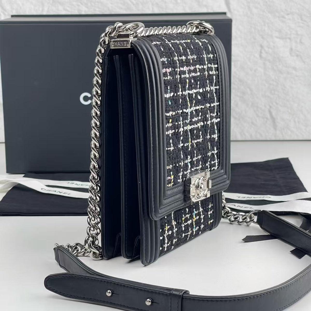 # Chanel Boy Vertical Flap Crossbody Bag, Tweed & Calfskin, Silver‑Tone Hardware