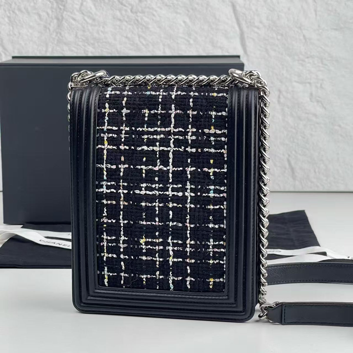 # Chanel Boy Vertical Flap Crossbody Bag, Tweed & Calfskin, Silver‑Tone Hardware