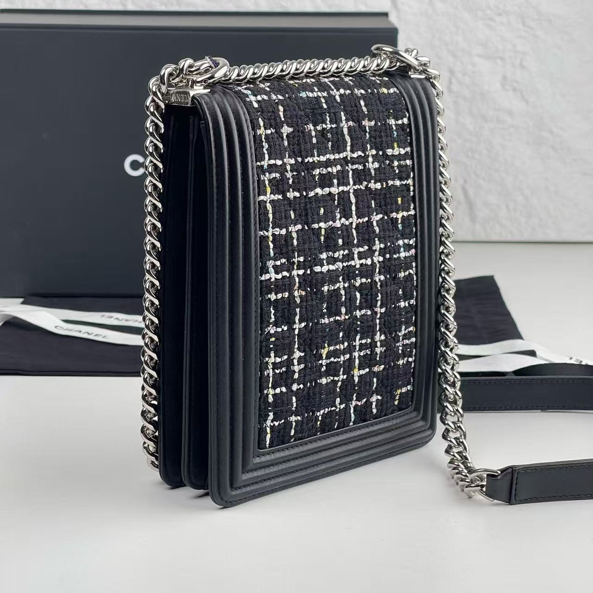 # Chanel Boy Vertical Flap Crossbody Bag, Tweed & Calfskin, Silver‑Tone Hardware