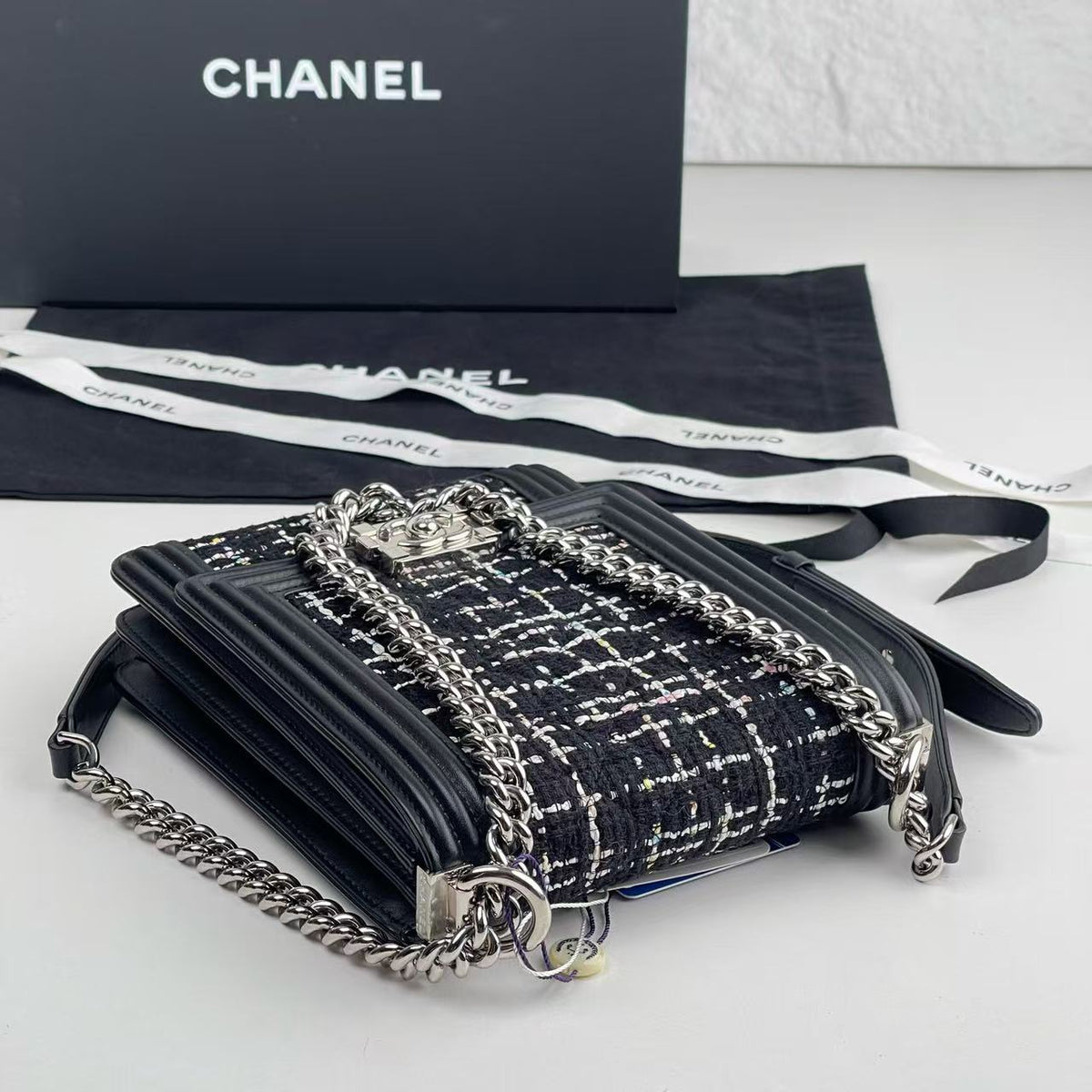 # Chanel Boy Vertical Flap Crossbody Bag, Tweed & Calfskin, Silver‑Tone Hardware