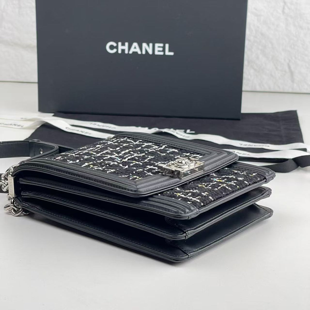 # Chanel Boy Vertical Flap Crossbody Bag, Tweed & Calfskin, Silver‑Tone Hardware