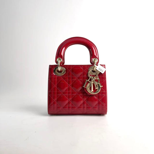 Dior Mini Lady Dior, Red Patent Calfskin, Light Gold‑Tone Hardware
