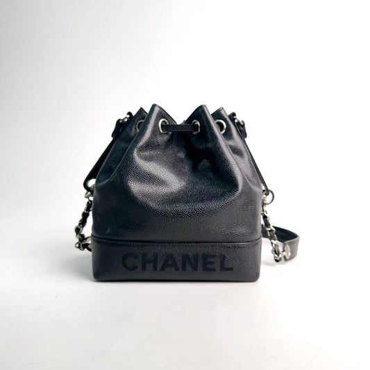 Chanel Drawstring Bucket Bag, Black Caviar Leather, Silver‑Tone Hardware