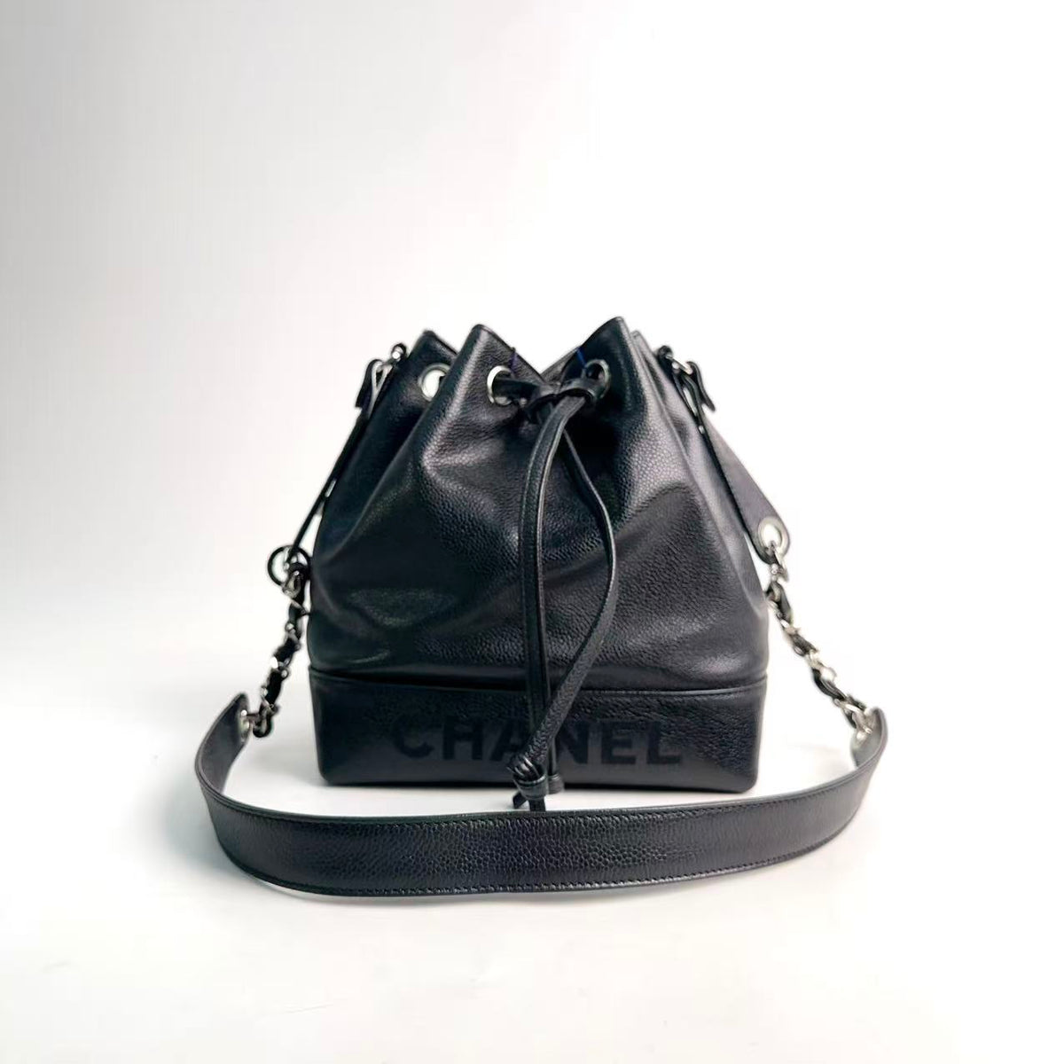 Chanel Drawstring Bucket Bag, Black Caviar Leather, Silver‑Tone Hardware