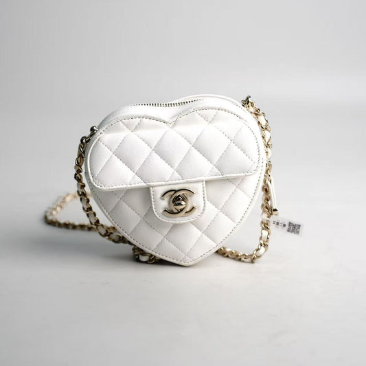 Chanel Heart Crossbody Mini in White Lambskin Leather with Gold‑Tone Hardware