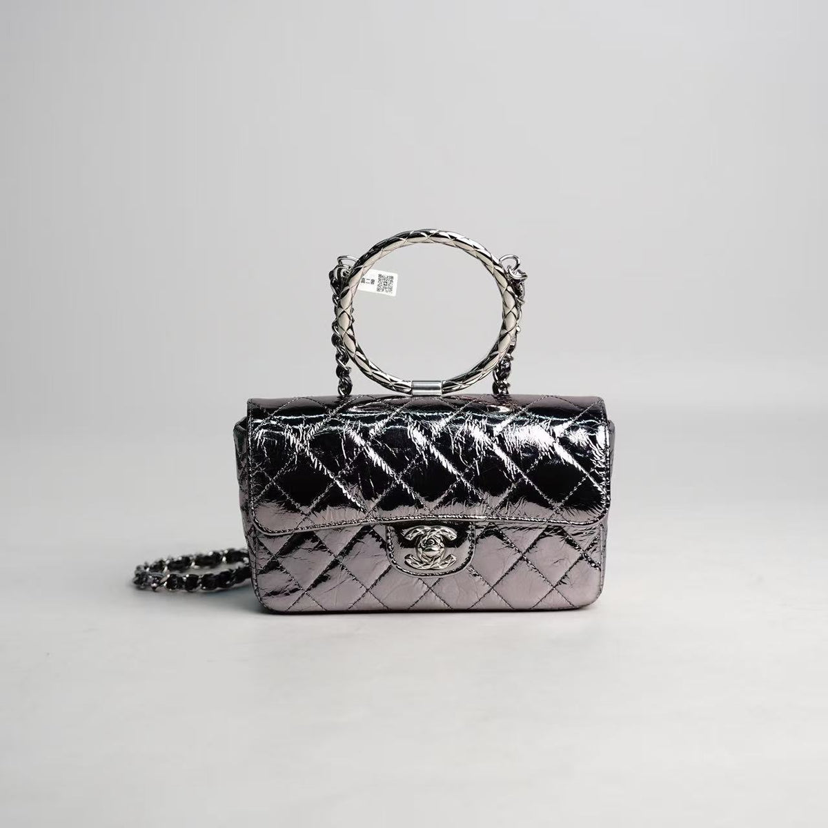 Chanel Mini Flap Bag with Ring Top Handle, Metallic Cracked Patent Calfskin, Silver‑Tone Hardware