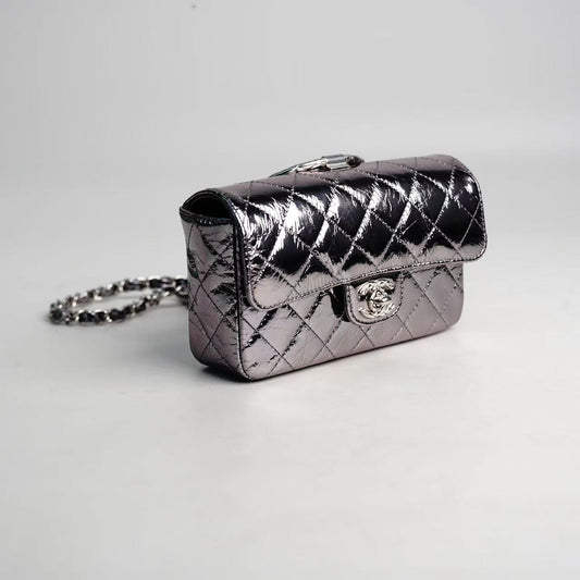 Chanel Mini Flap Bag with Ring Top Handle, Metallic Cracked Patent Calfskin, Silver‑Tone Hardware