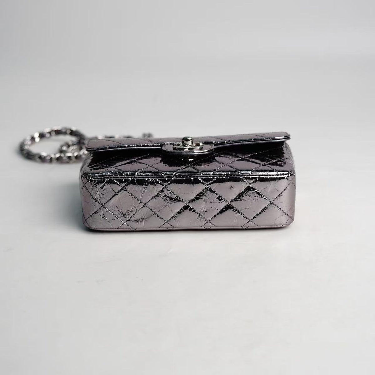 Chanel Mini Flap Bag with Ring Top Handle, Metallic Cracked Patent Calfskin, Silver‑Tone Hardware