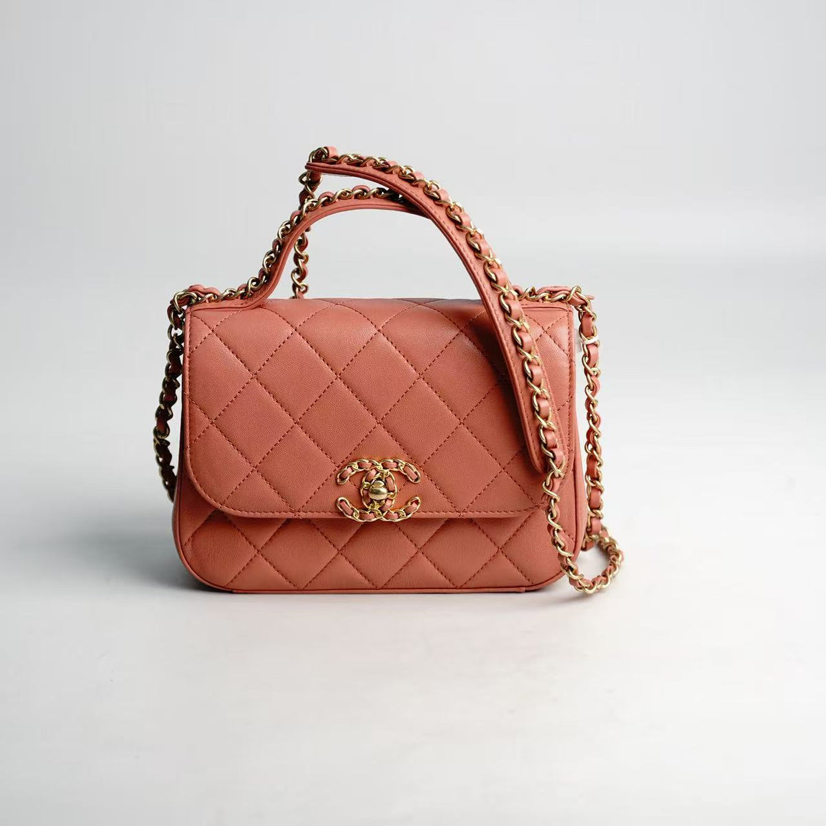 Chanel Flap Bag With Top Handle in Pink Lambskin with Gold‑Tone Hardware
