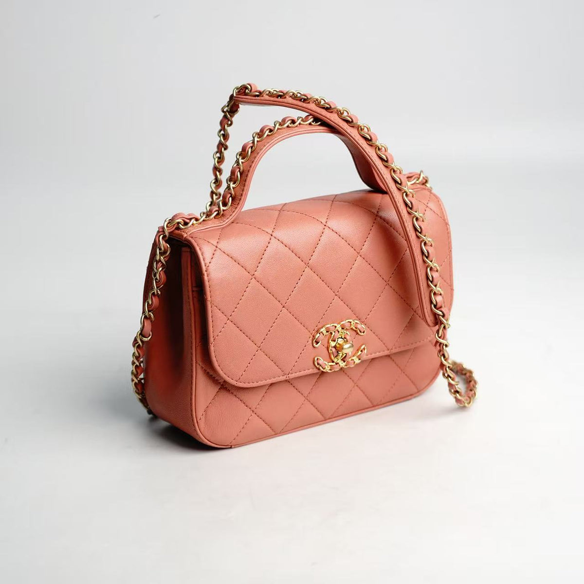 Chanel Flap Bag With Top Handle in Pink Lambskin with Gold‑Tone Hardware