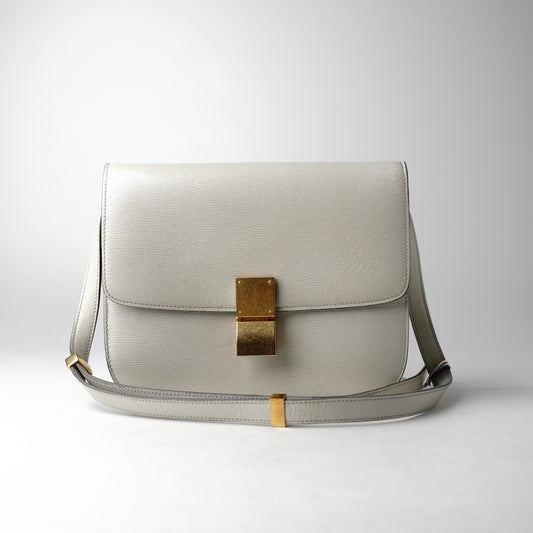 Celine Classic Box Medium, White Grained Calfskin, Gold‑Tone Hardware