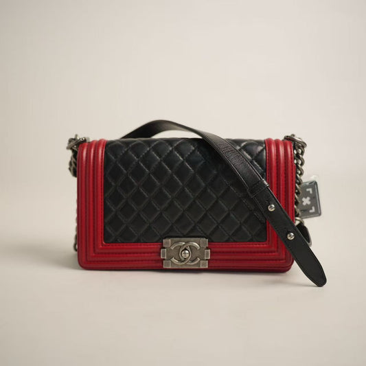 Chanel Boy Flap Shoulder Bag (Medium, Black & Red Bi‑Color)