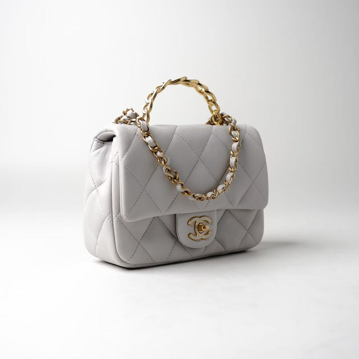 Chanel Classic Flap Mini Light Grey Enamel‑CC Top‑Handle Shoulder Bag