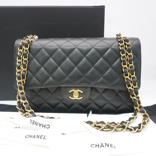 Chanel Classic Jumbo Single Flap Bag aus schwarzem Kaviarleder mit goldfarbener Hardware [Gebraucht]
