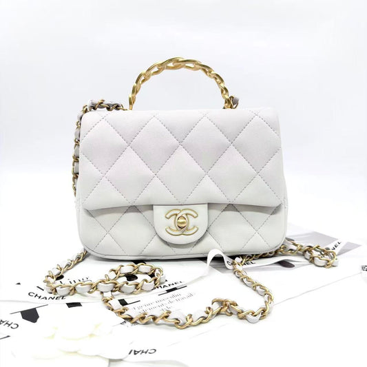 Chanel Classic Mini Flap Bag mit Henkel aus weißem Lammleder mit goldfarbener Hardware [Gebraucht]
